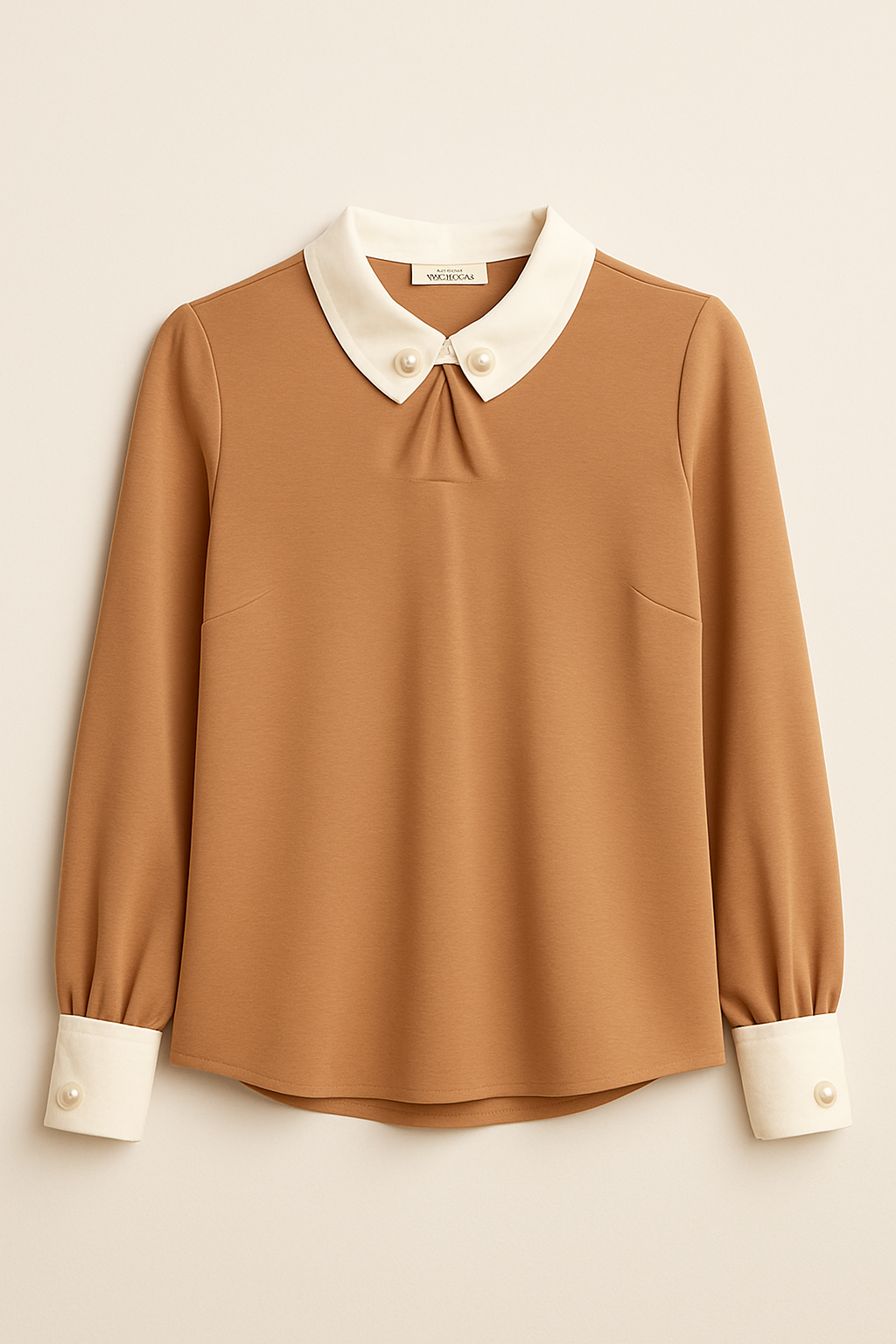 Pearl Brooch Contrast Collar and Cuffs Blouse