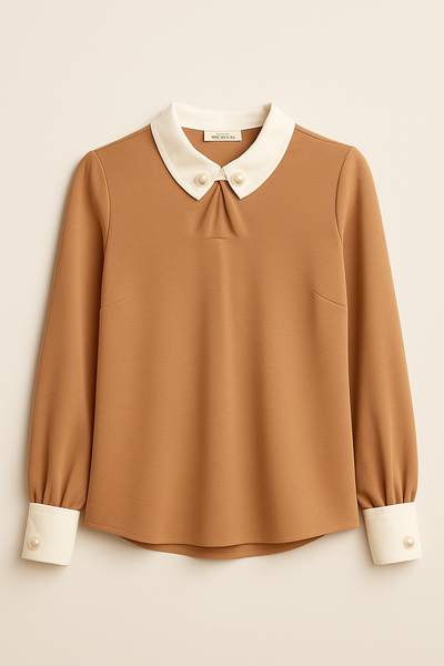 Pearl Brooch Contrast Collar and Cuffs Blouse