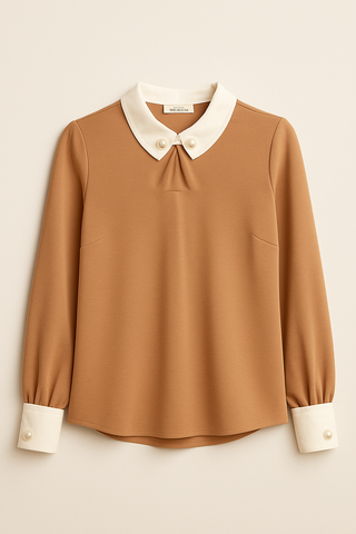 Pearl Brooch Contrast Collar and Cuffs Blouse