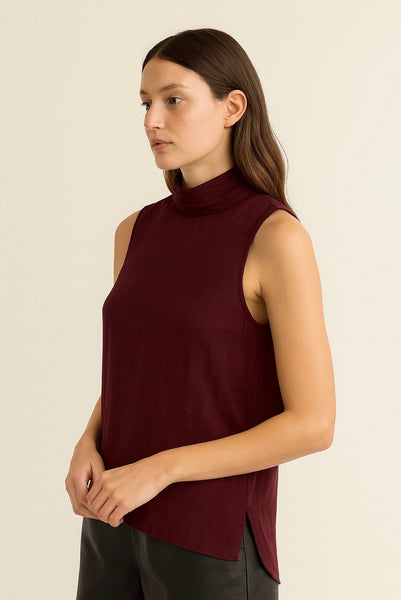 Satin Sleeveless Pleated Mock Neck Top