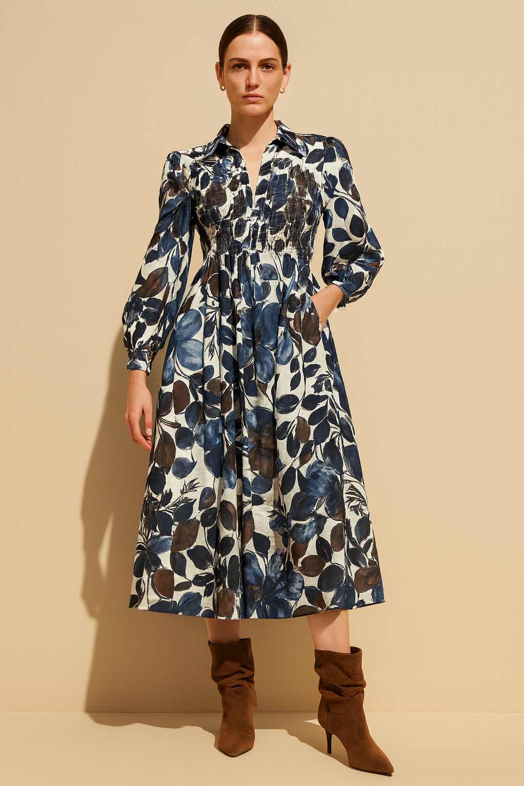 Winter Leaves Smock Top Midi Dress