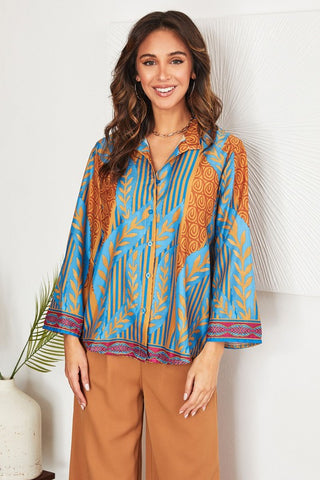 Ethnic Print Hi Lo Button Down Shirt