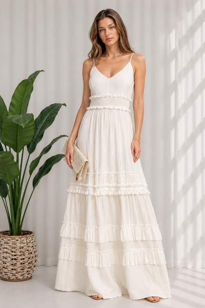 Vestido 100% Algodón Maxi Espalda Abierta con Volantes