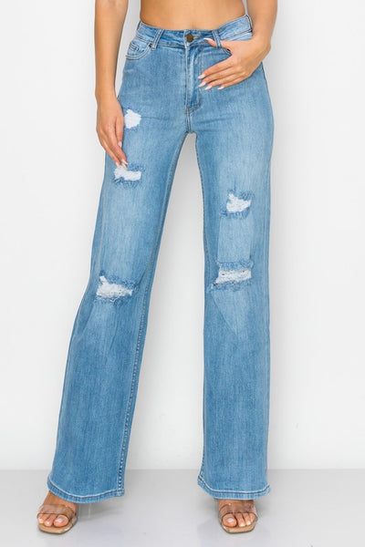 Super Stretch High Rise Wide Leg Distressed Jeans