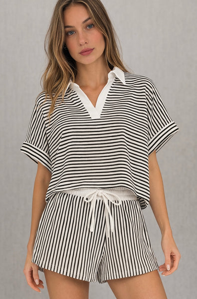 Striped Collared Top & Shorts Set
