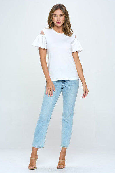 T-Shirt Stretch Manga Olan con Mesh & Perlas