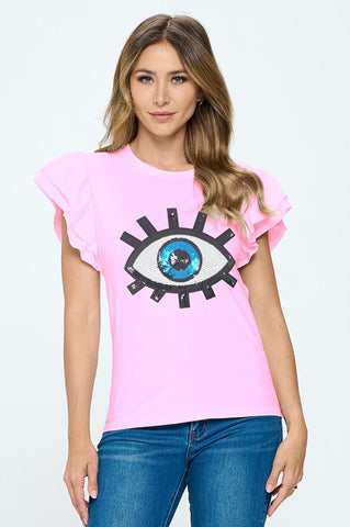 Stretch Ruffle Sequin Eye Top