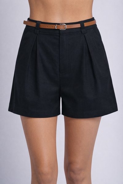 Pleated Linen Shorts W/ Leather Belt