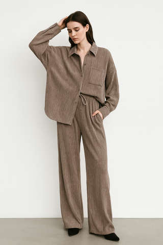 Crinkled Plisse Button Down Blouse + Pants Set