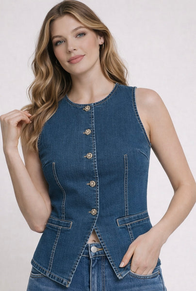 Stretch Crew-neck Denim Vest