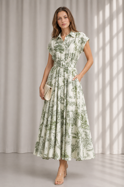 Vestido Midi Botanico con Botones y Cinturón