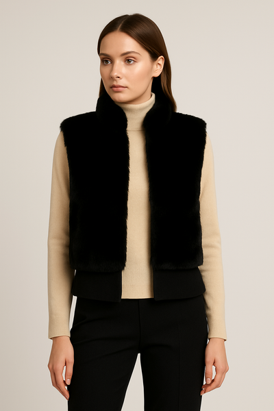 Faux Fur Zipper Solid Crop Vest