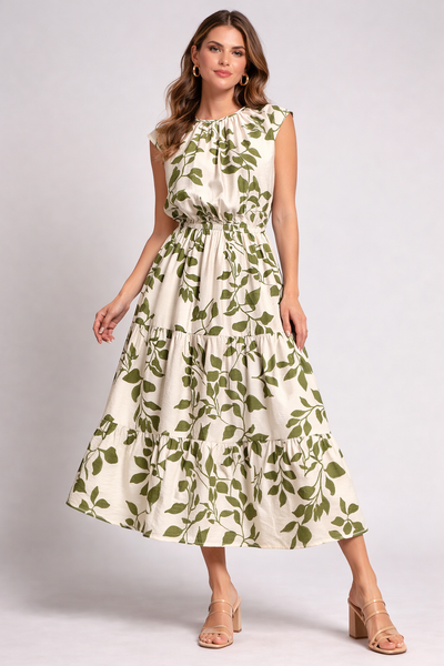 Spring Leaves Tiered Midi Dress