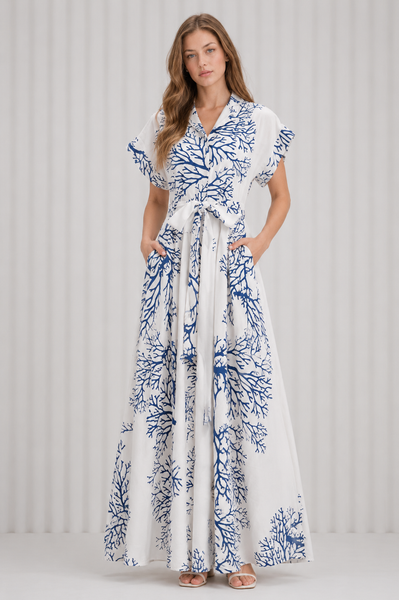 Vestido Maxi Estampado Manga Corta con Cinturón