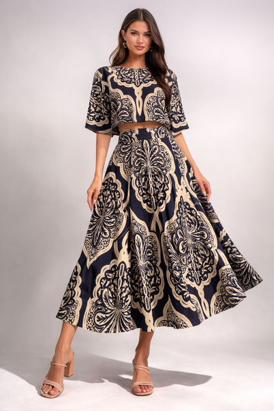 Royal Set Top + Flared Midi Skirt