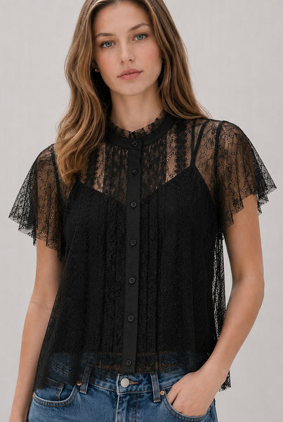 Blusa Cuello Alto Encaje con Botones