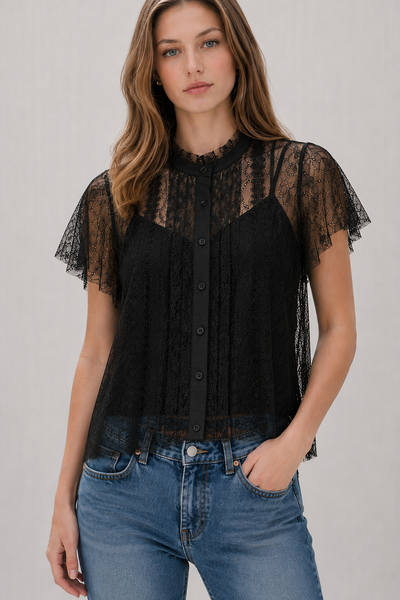 Blusa Cuello Alto Encaje con Botones