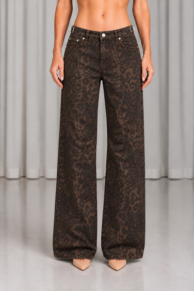 Jeans Baggy Estampado Leopardo Cintura Ajustable