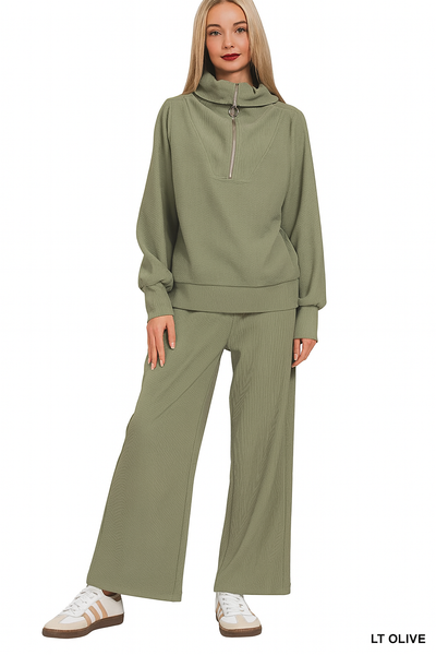 Ribbed High Neck Half Zip Pullover + Pants Set
