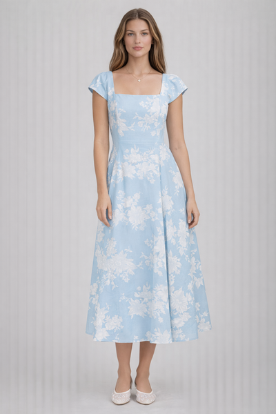 Floral Square Neck Bell Sleeve Midi Dress