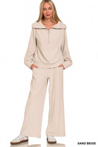 Ribbed High Neck Half Zip Pullover + Pants Set