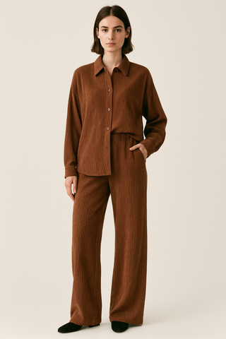 Crinkled Plisse Button Down Blouse + Pants Set