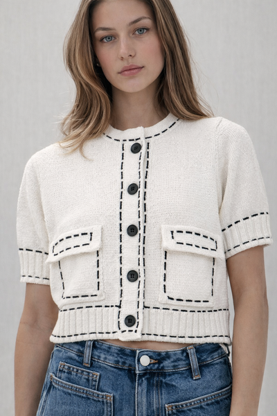 Constrast Stitch Knit Short Slv Top