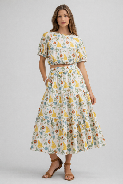 Vines Long Elastic Waistband Skirt