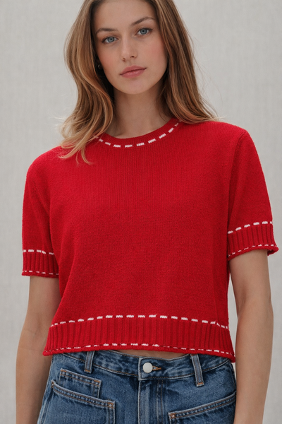 Contrast Stitch Short Slv Knit Top
