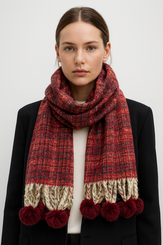 Plaid Scarf with Soft Faux Fur Pom Poms