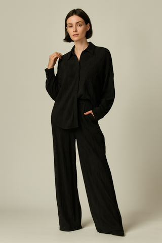 Crinkled Plisse Button Down Blouse + Pants Set