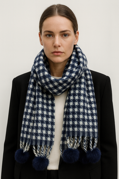 Soft Faux Fur Pom Poms Plaid Scarf