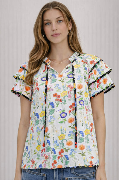 100% Cotton Floral Print Ruffle Sleeve Top