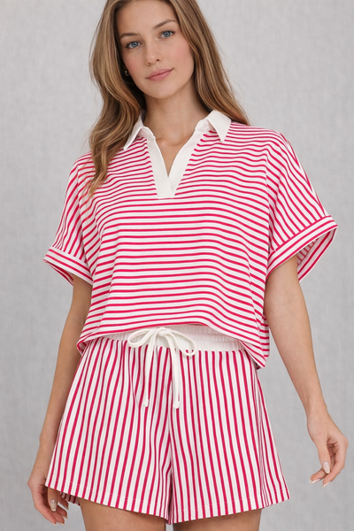 Striped Collared Top & Shorts Set