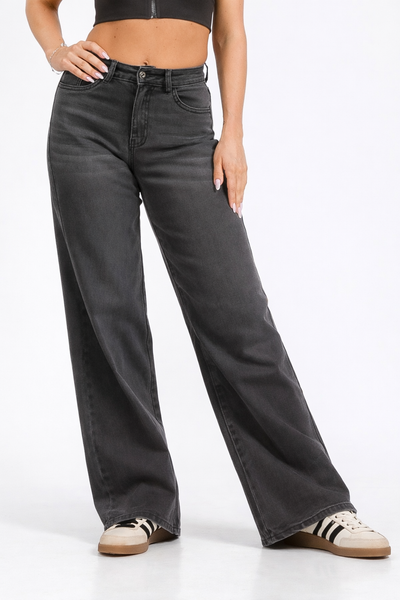 High Waist Stretch Washed Black Wide Leg Jeans
