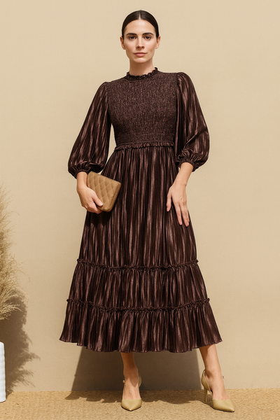 Pleated Smock Top Woven Midi Dress