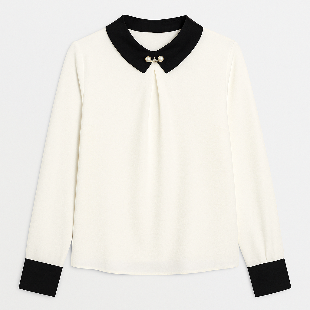 Pearl Brooch Contrast Collar Long Sleeve Blouse