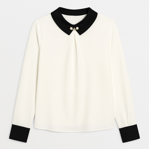 Pearl Brooch Contrast Collar Long Sleeve Blouse