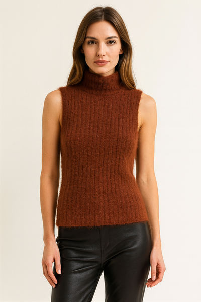 Fuzzy Ribbed Sleeveless High Neck Knit Top