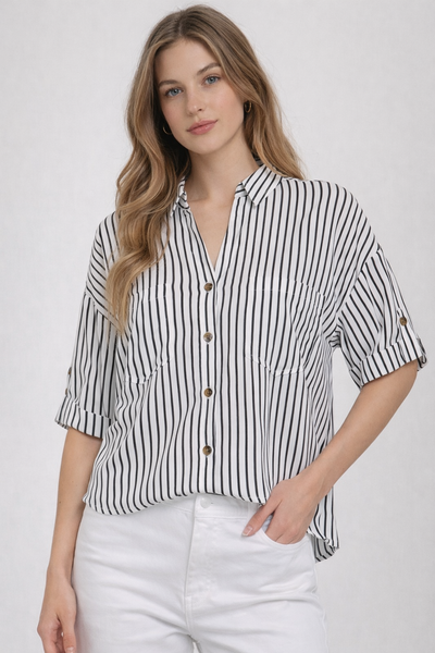 Stripe Short Slv V-neck W/Collar Top