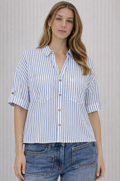 Stripe Short Slv V-neck W/Collar Top