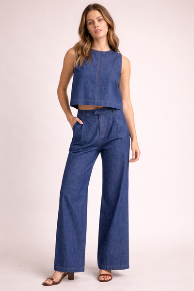 100% Cotton High Waist Pleated Wide Leg Denim Pants
