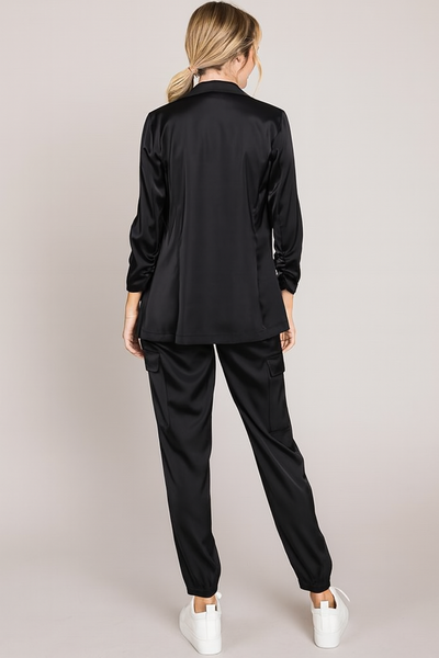 Satin Ruched Sleeve Blazer Jacket