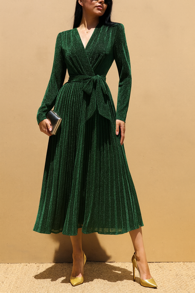 Holiday Pleated V Neck Lurex Midi Dress