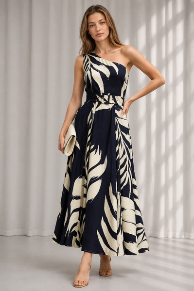 Vestido Midi Un Hombro Estampado Hojas