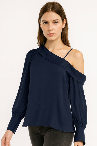 Satin Long Sleeve Asymmetric Shoulder Blouse