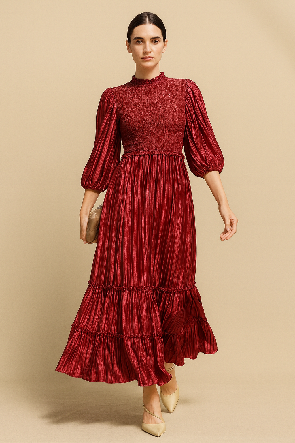 Pleated Smock Top Woven Midi Dress