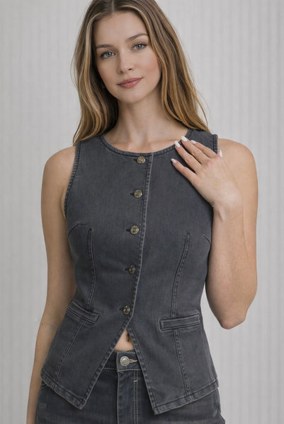 Stretch Crew-neck Denim Vest