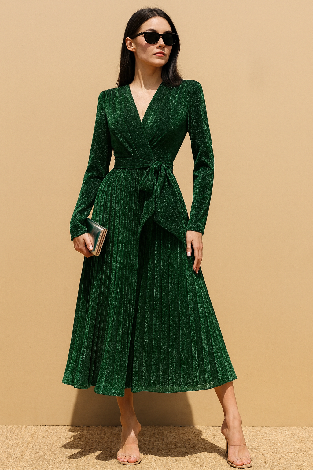 Holiday Pleated V Neck Lurex Midi Dress