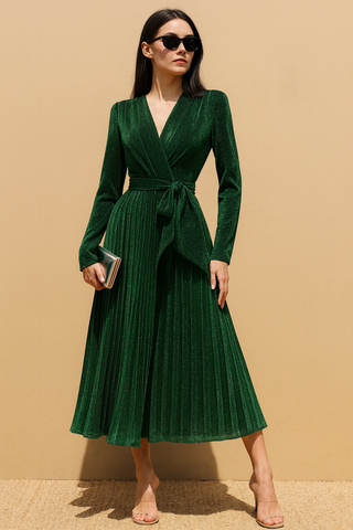 Holiday Pleated V Neck Lurex Midi Dress